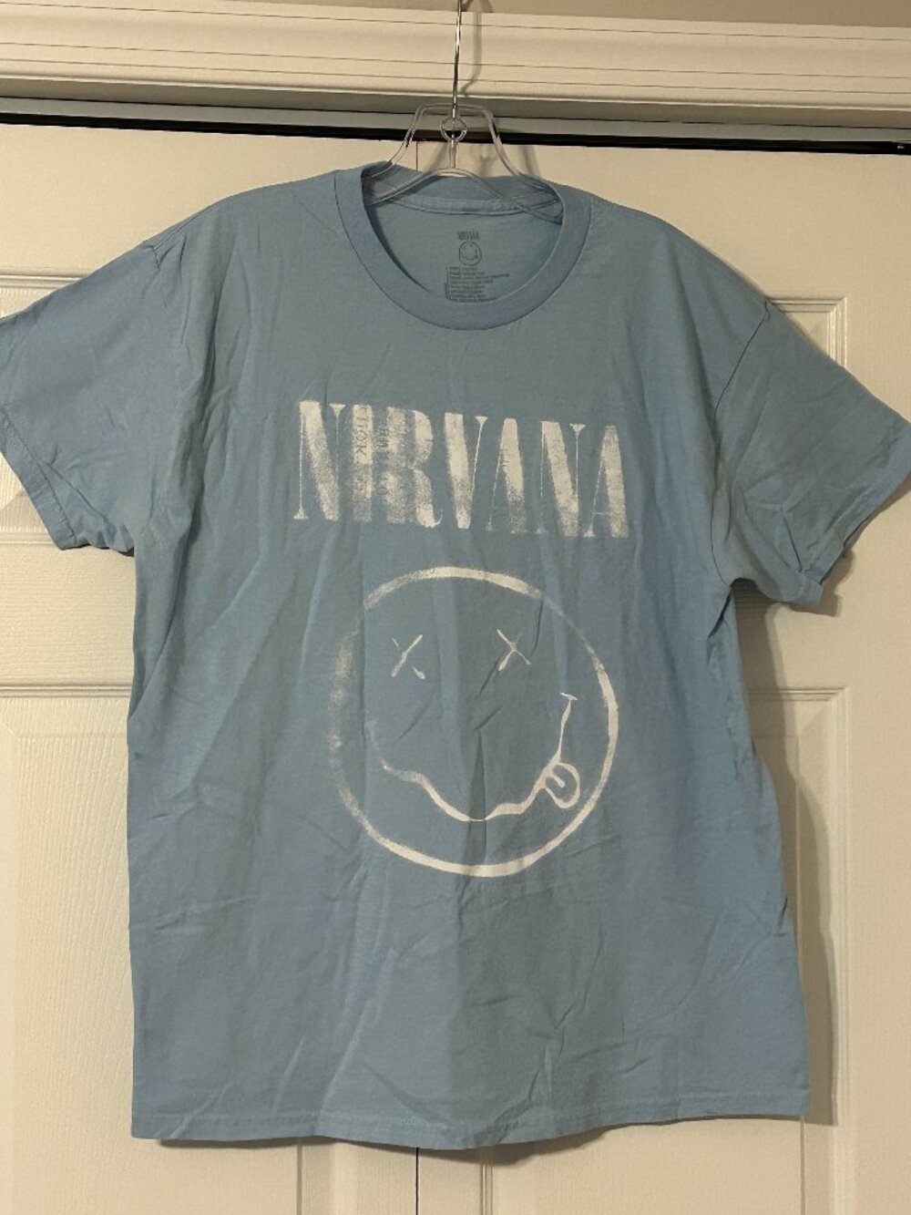 Mens NIRVANA Sz L Light Blue with Smiley Face Logo T-Shirt Top